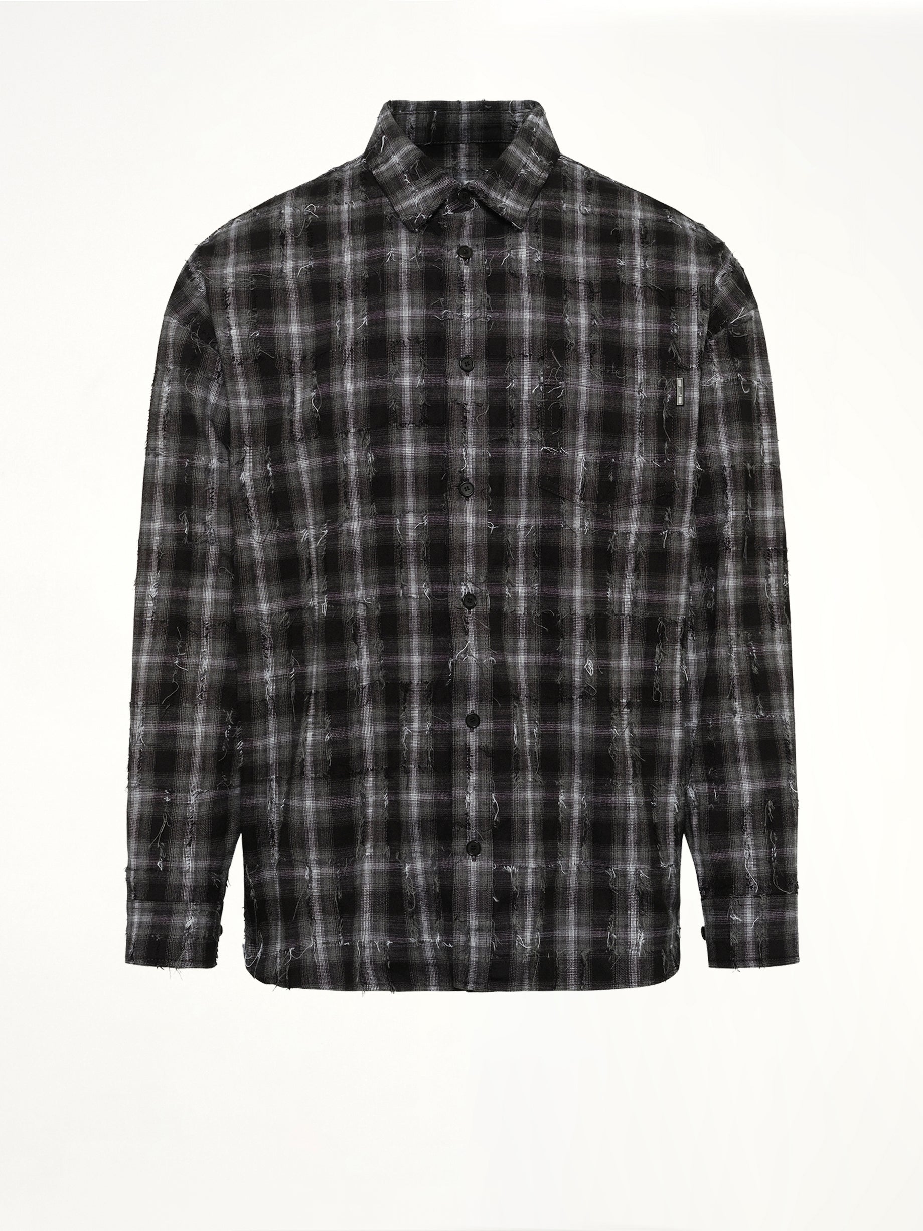 Mono Needle-Fringed Check Loose Fit Shirt in Black