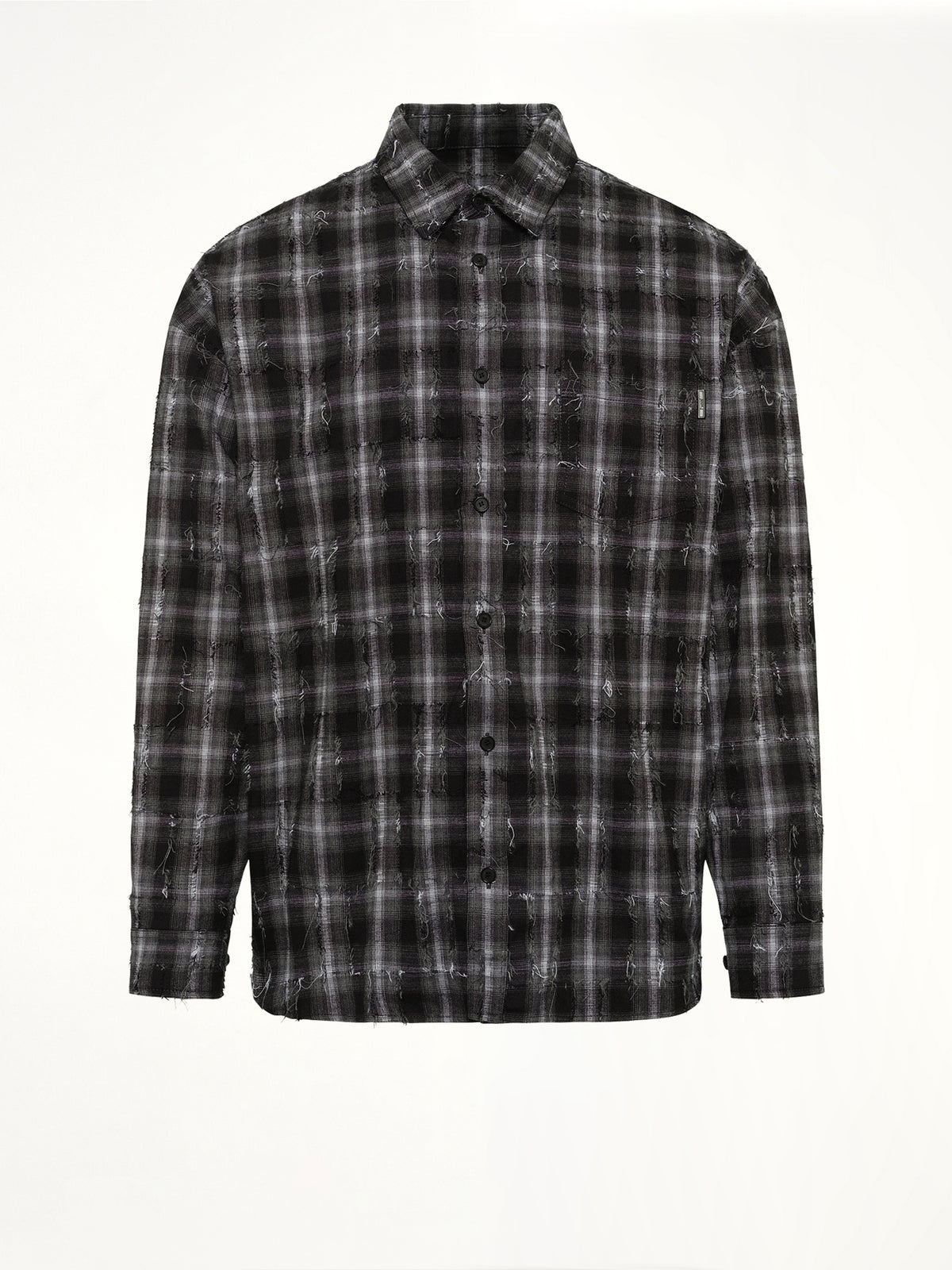 Mono Needle-Fringed Check Loose Fit Shirt in Black