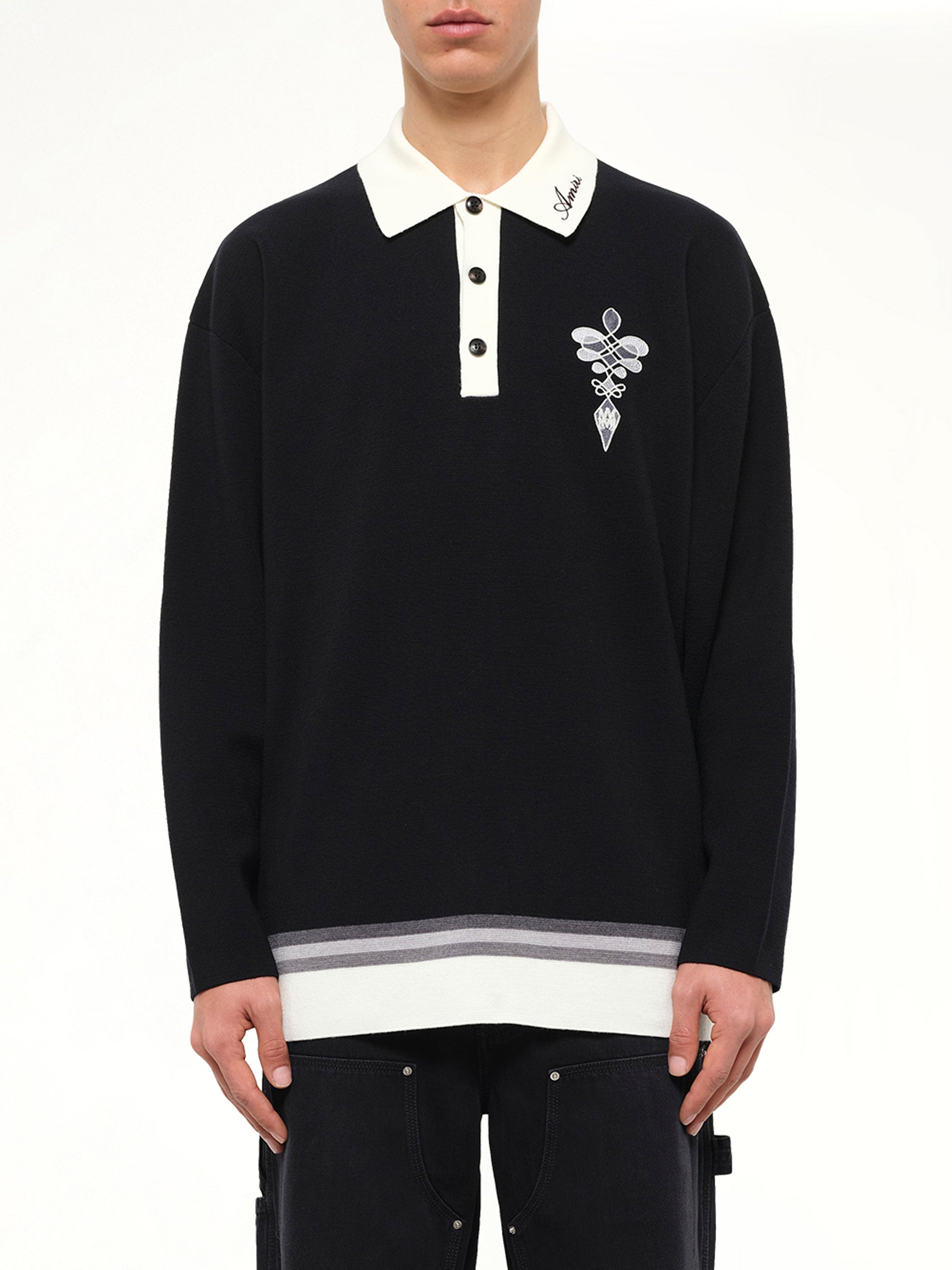 Amiri Lasso Knit Oversized LS Polo in Black
