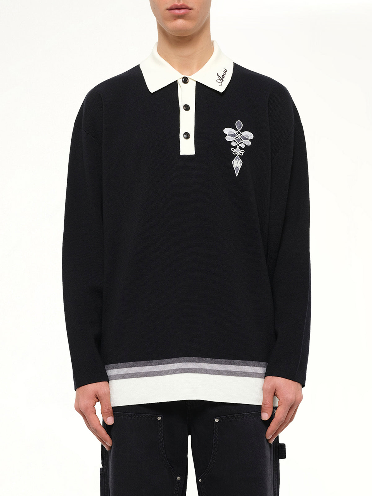 Amiri Lasso Knit Oversized LS Polo in Black