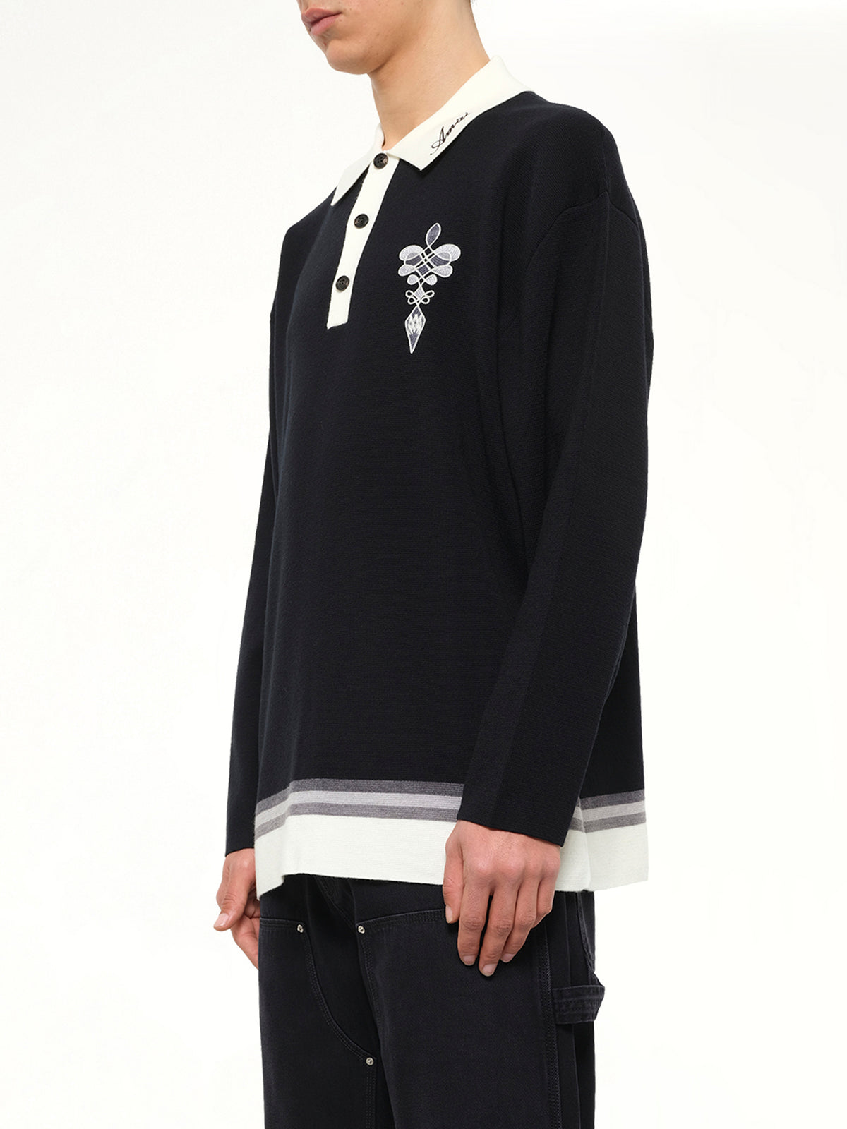 Amiri Lasso Knit Oversized LS Polo in Black