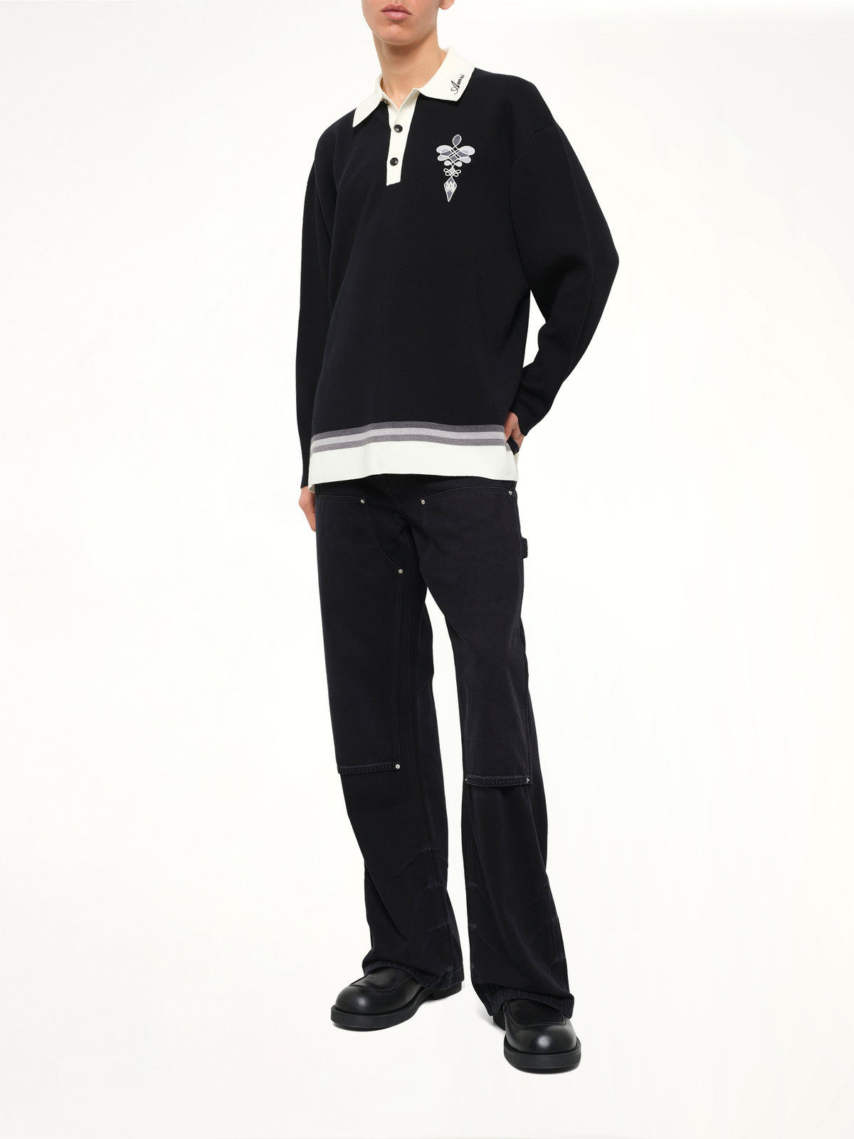 Amiri Lasso Knit Oversized LS Polo in Black