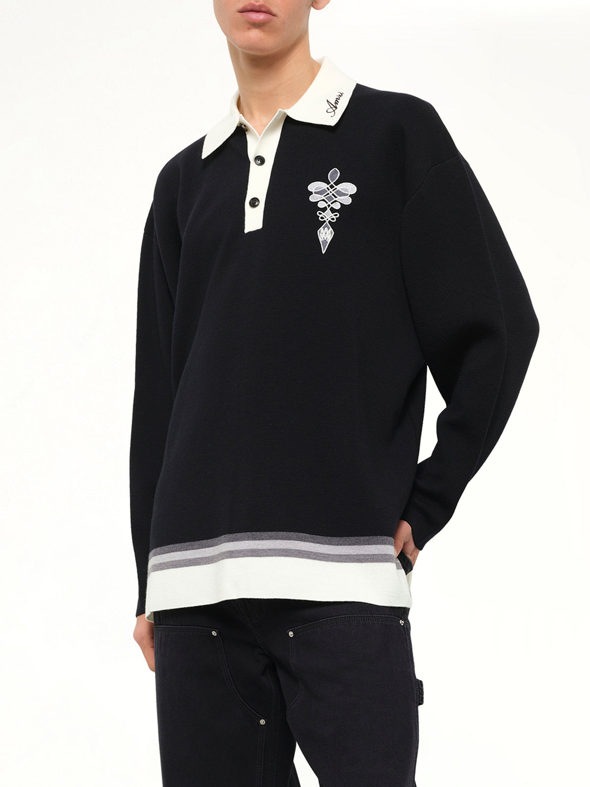 Amiri Lasso Knit Oversized LS Polo in Black