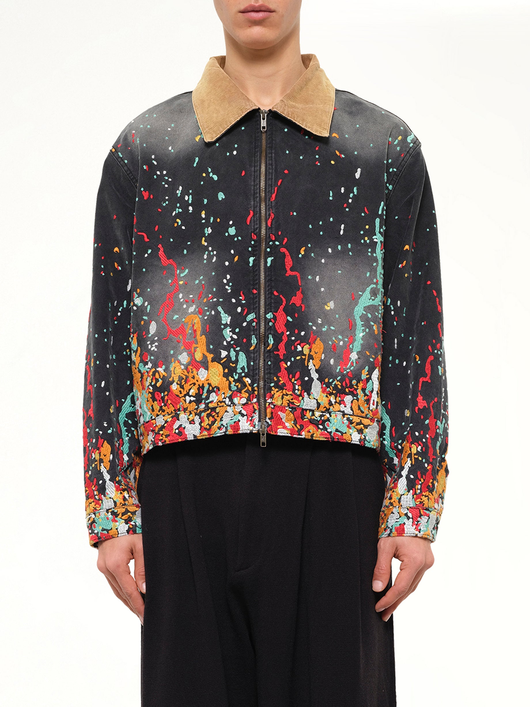 Embroidered Paint Workwear Jacket in Washed Black