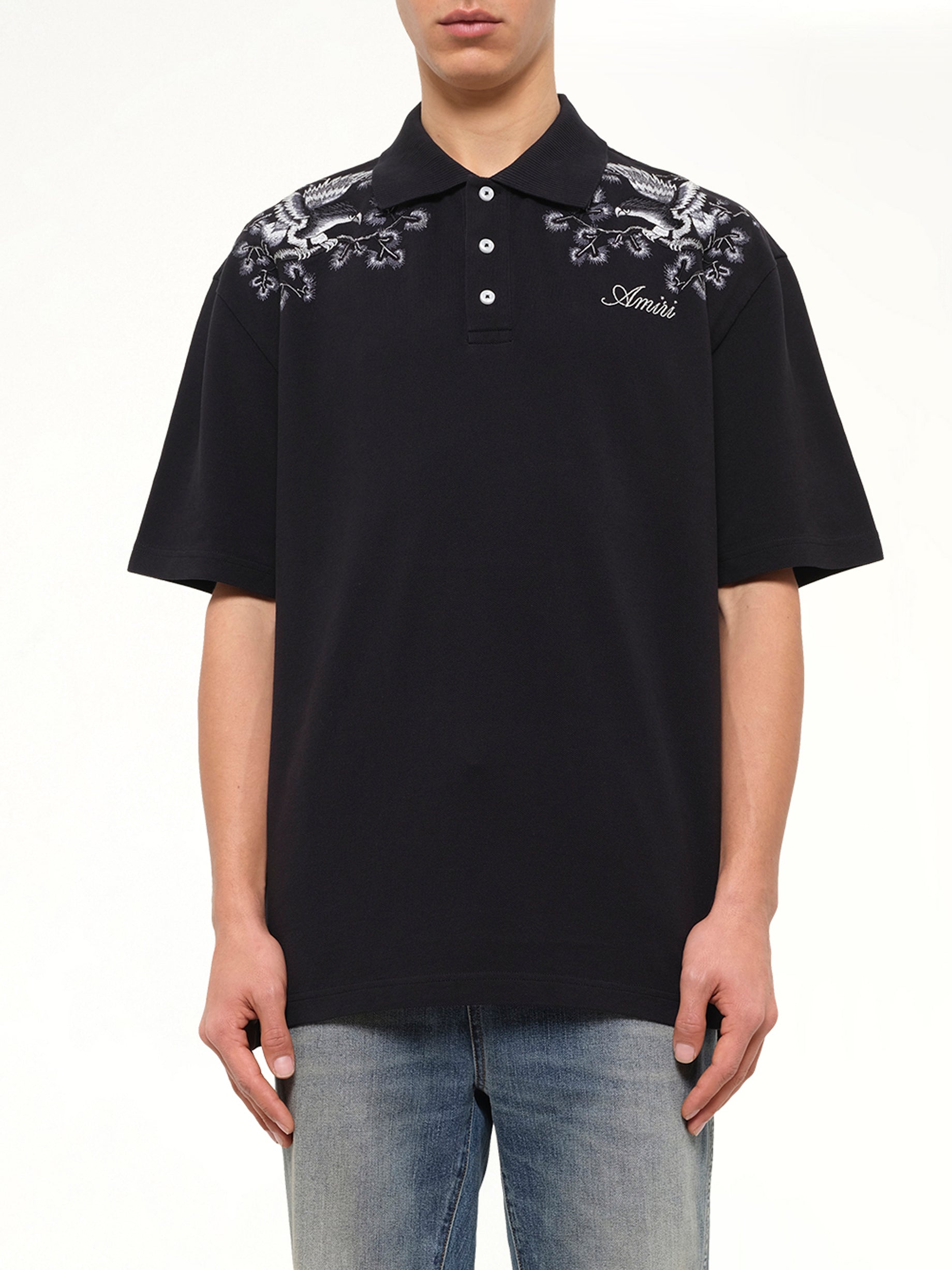 Floral Embroidered Polo in Black