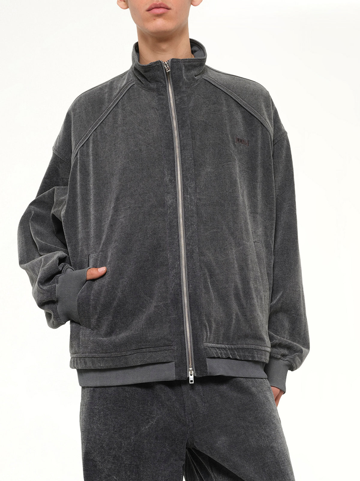 Highneck Denim Zip-Up Jacket in Black
