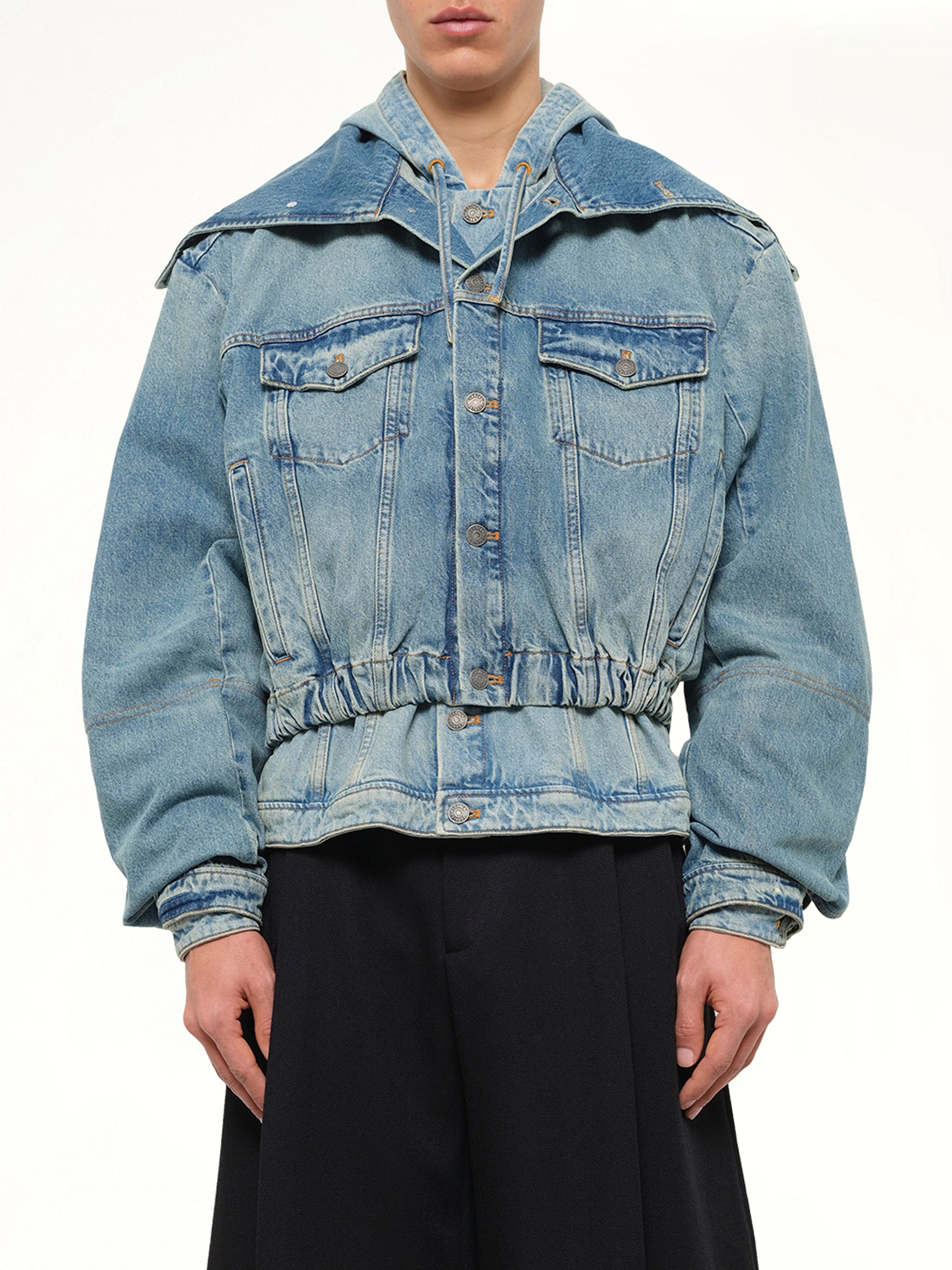 Hooded Denim Bomber in Blue