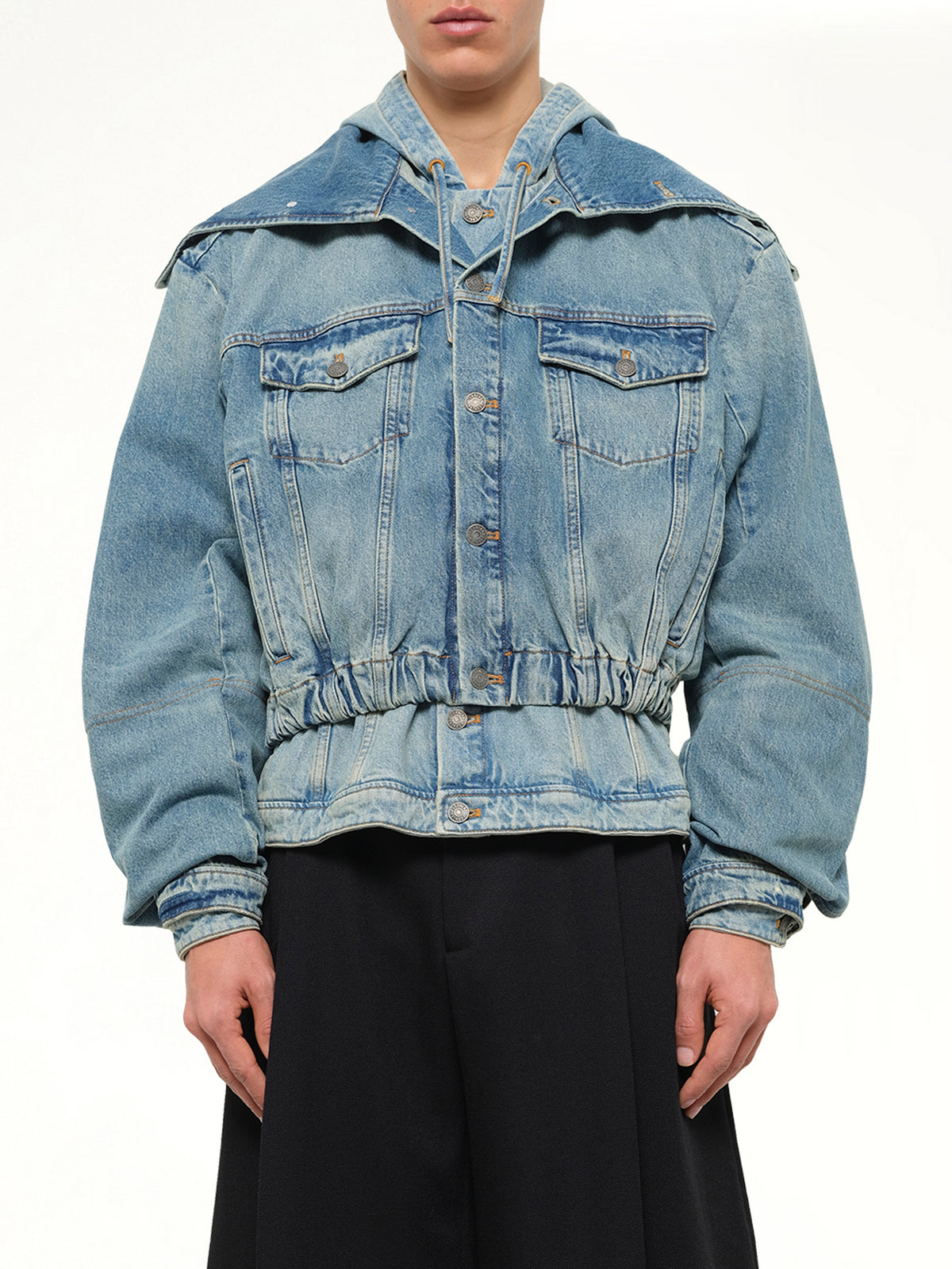 Hooded Denim Bomber in Blue