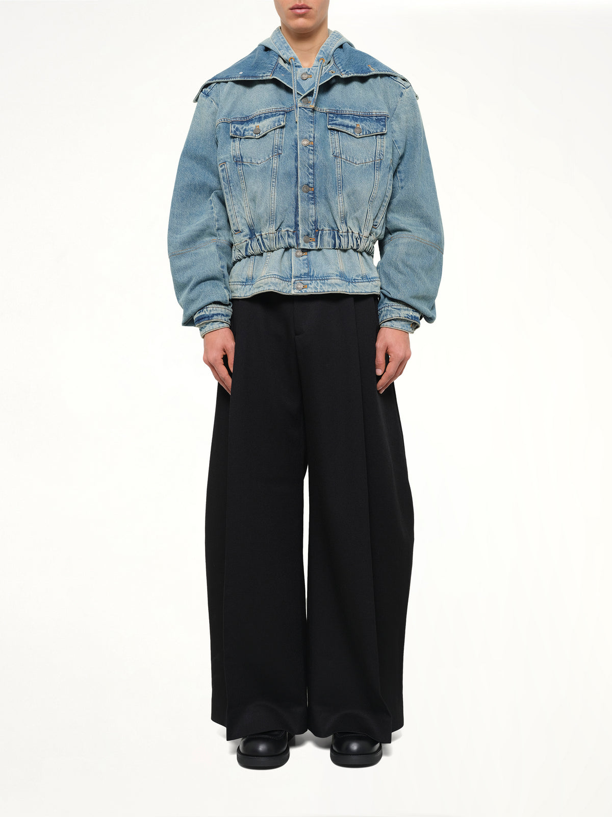 Hooded Denim Bomber in Blue