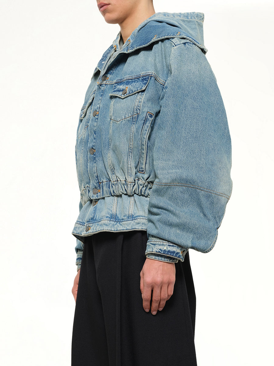 Hooded Denim Bomber in Blue