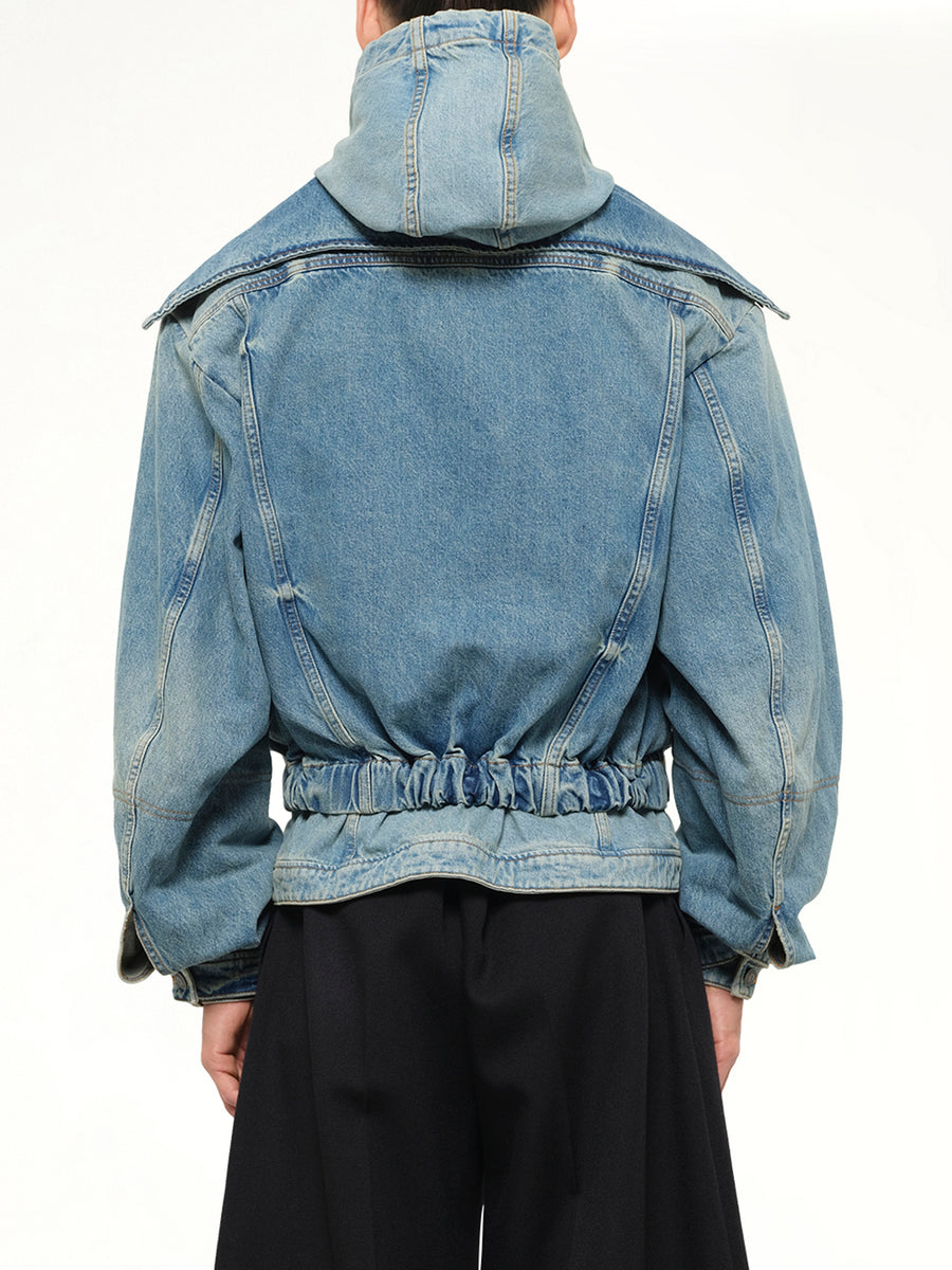 Hooded Denim Bomber in Blue
