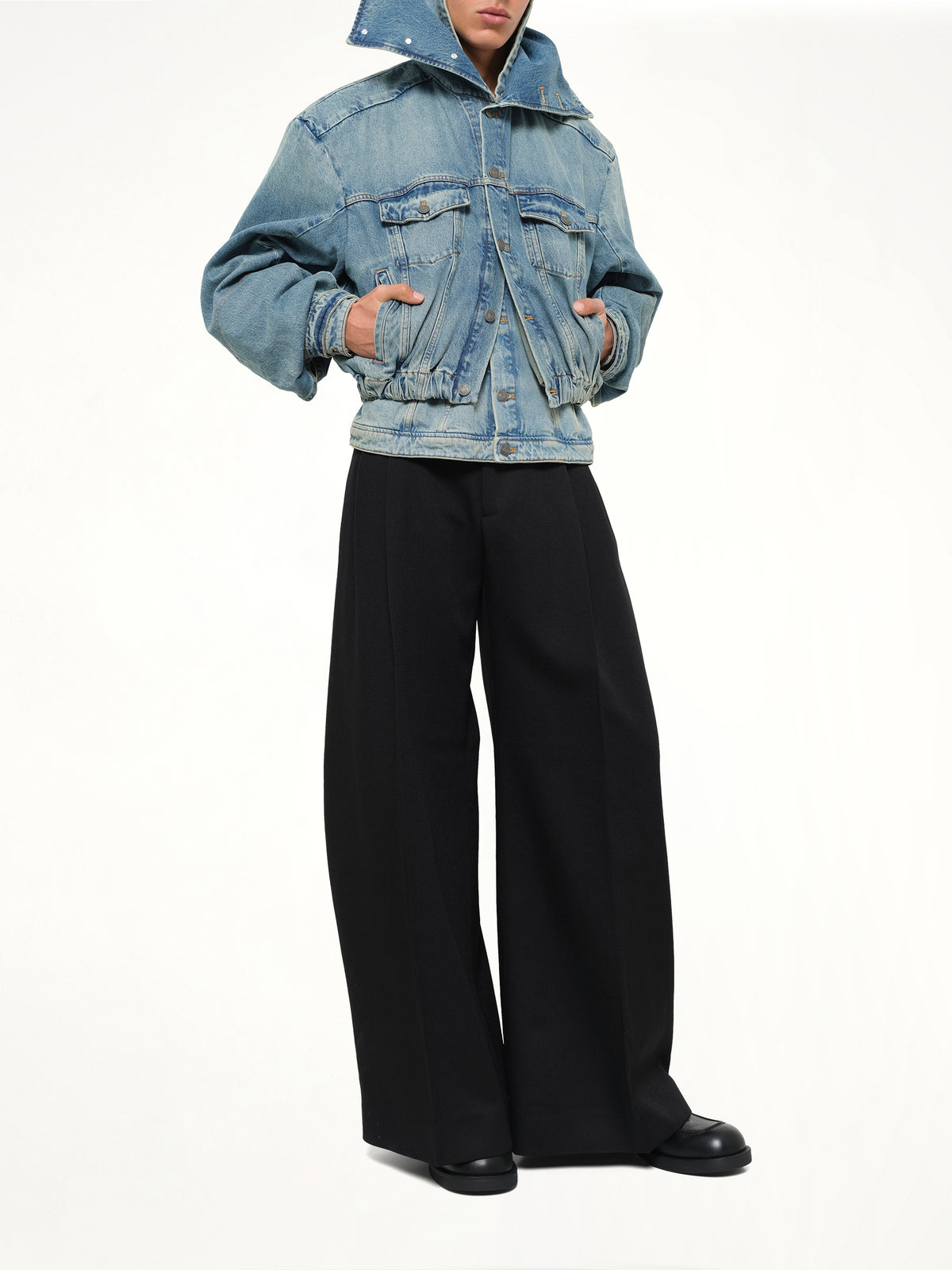 Hooded Denim Bomber in Blue