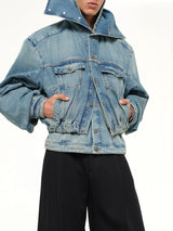 Hooded Denim Bomber in Blue