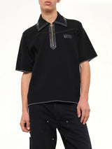Leather Trim Knit Zipped Polo in Black