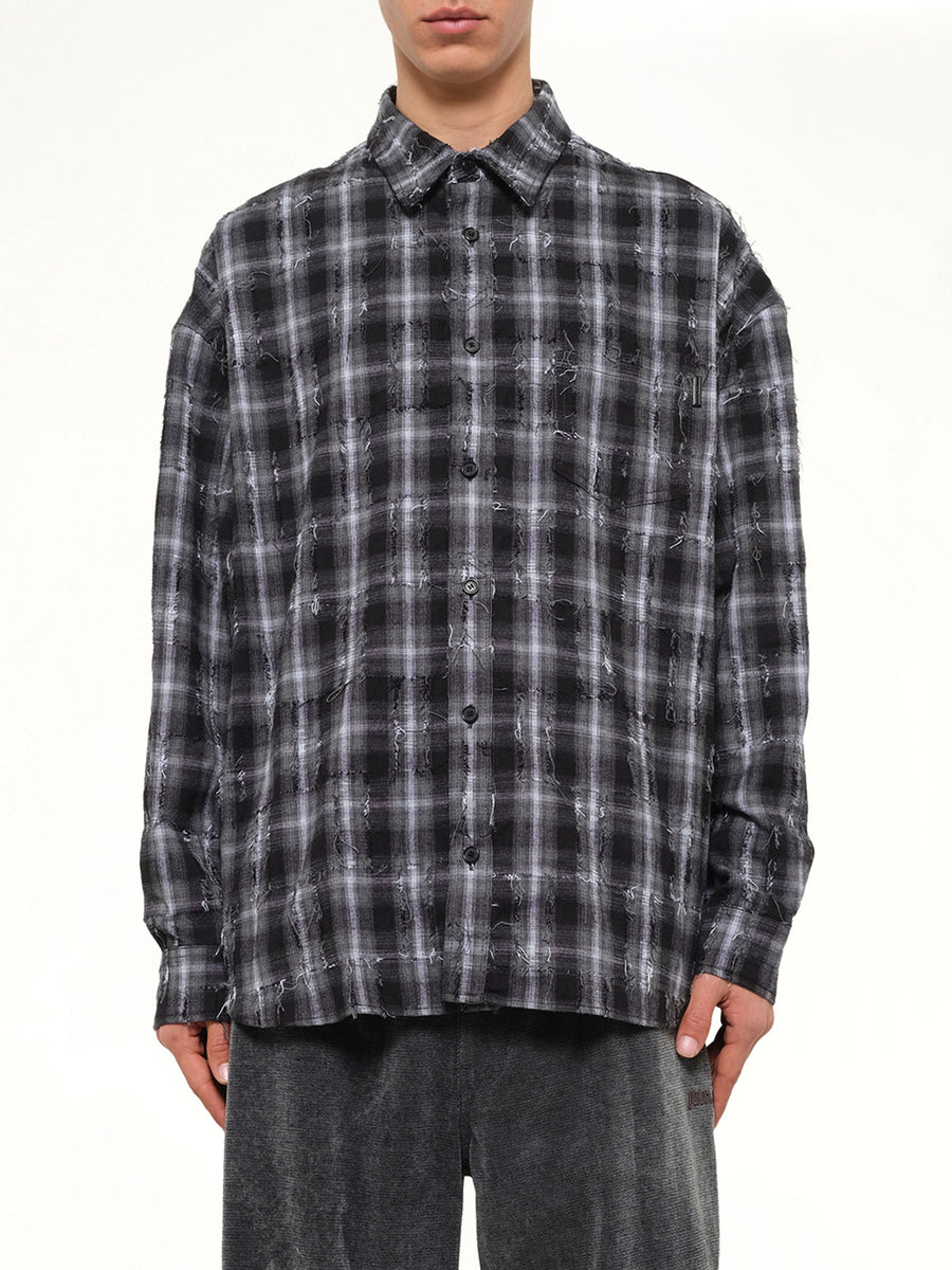 Mono Needle-Fringed Check Loose Fit Shirt in Black