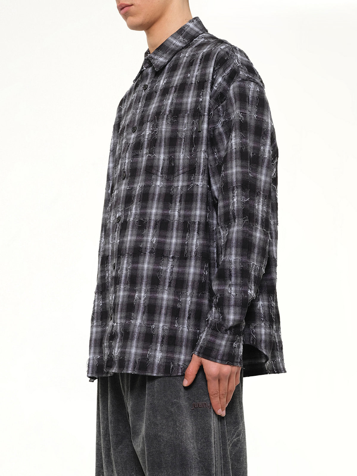 Mono Needle-Fringed Check Loose Fit Shirt in Black
