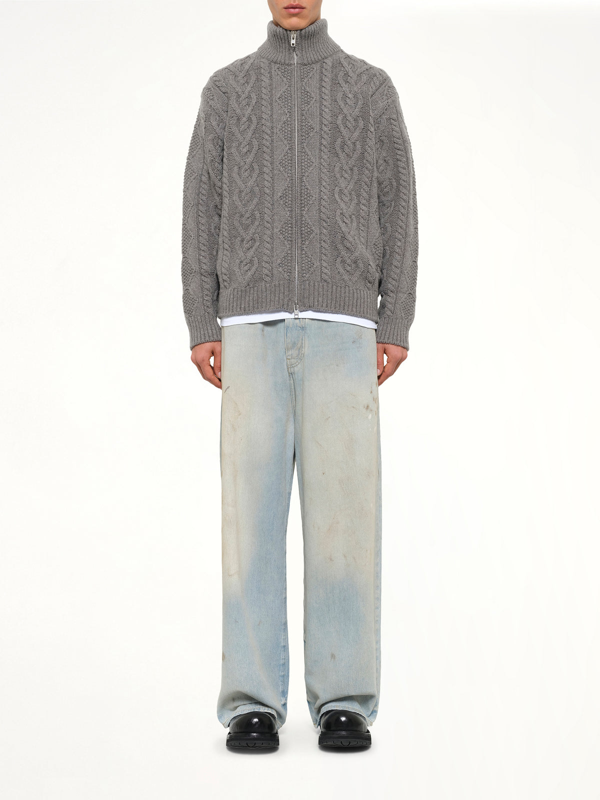 Cable Knit Zip Up in Grey Heather