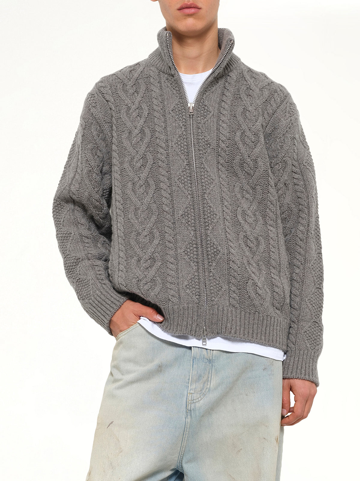 Cable Knit Zip Up in Grey Heather