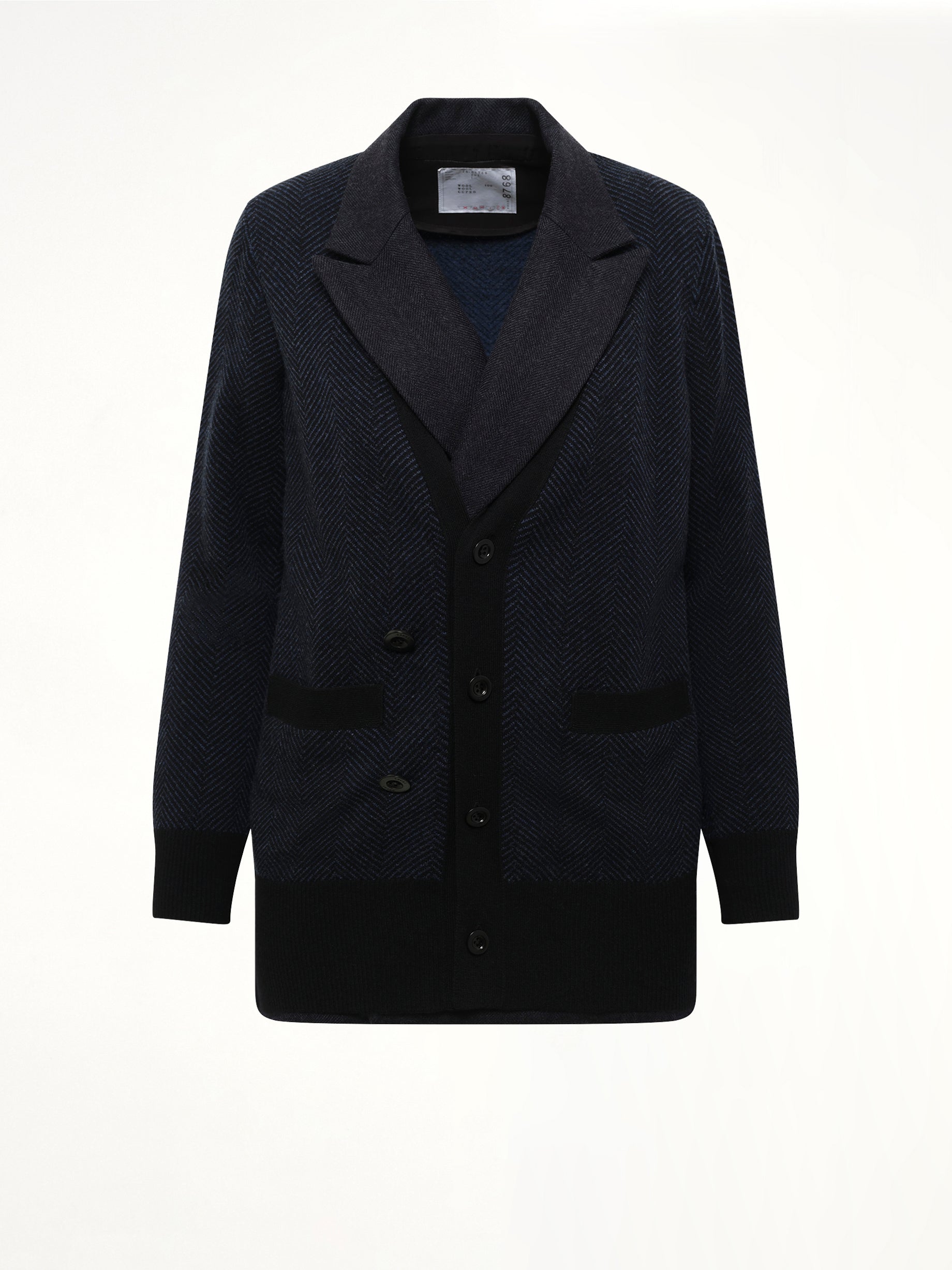 Double-Faced Herringbone x Wool Knit Cardigan in Navy