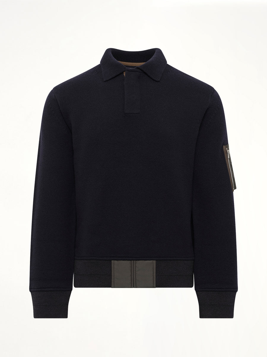Wool Knit Polo Shirt in Navy/Dark Khaki
