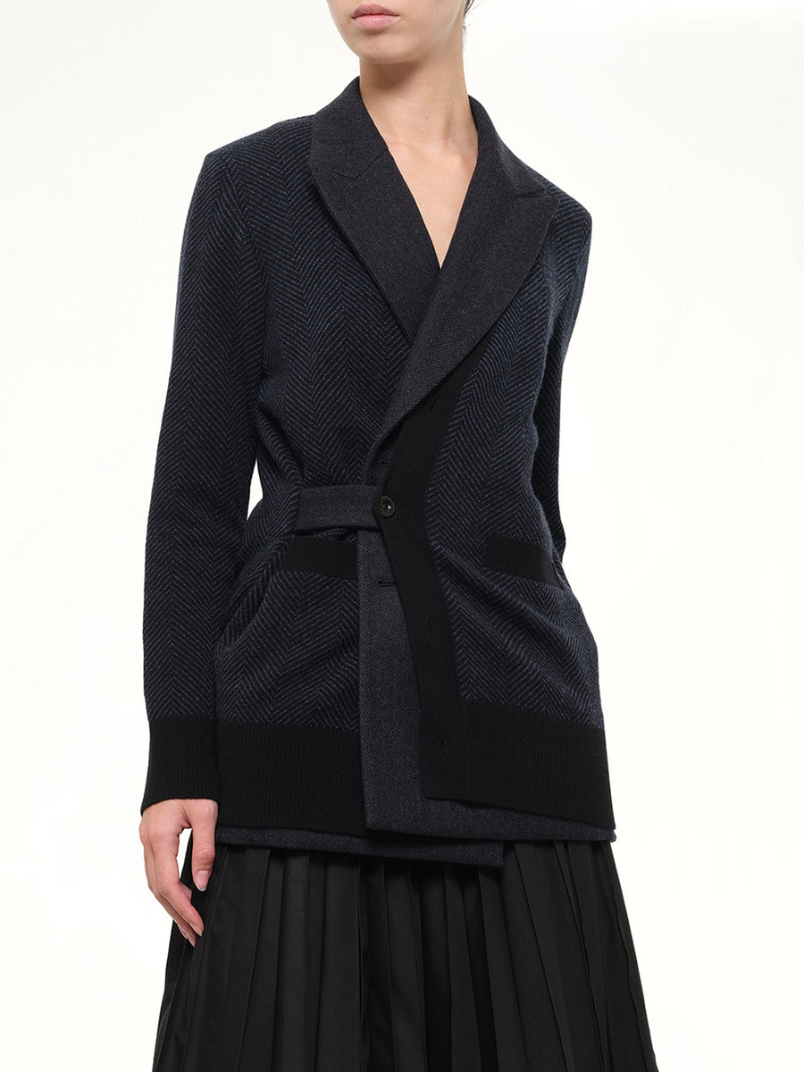 Double-Faced Herringbone x Wool Knit Cardigan in Navy