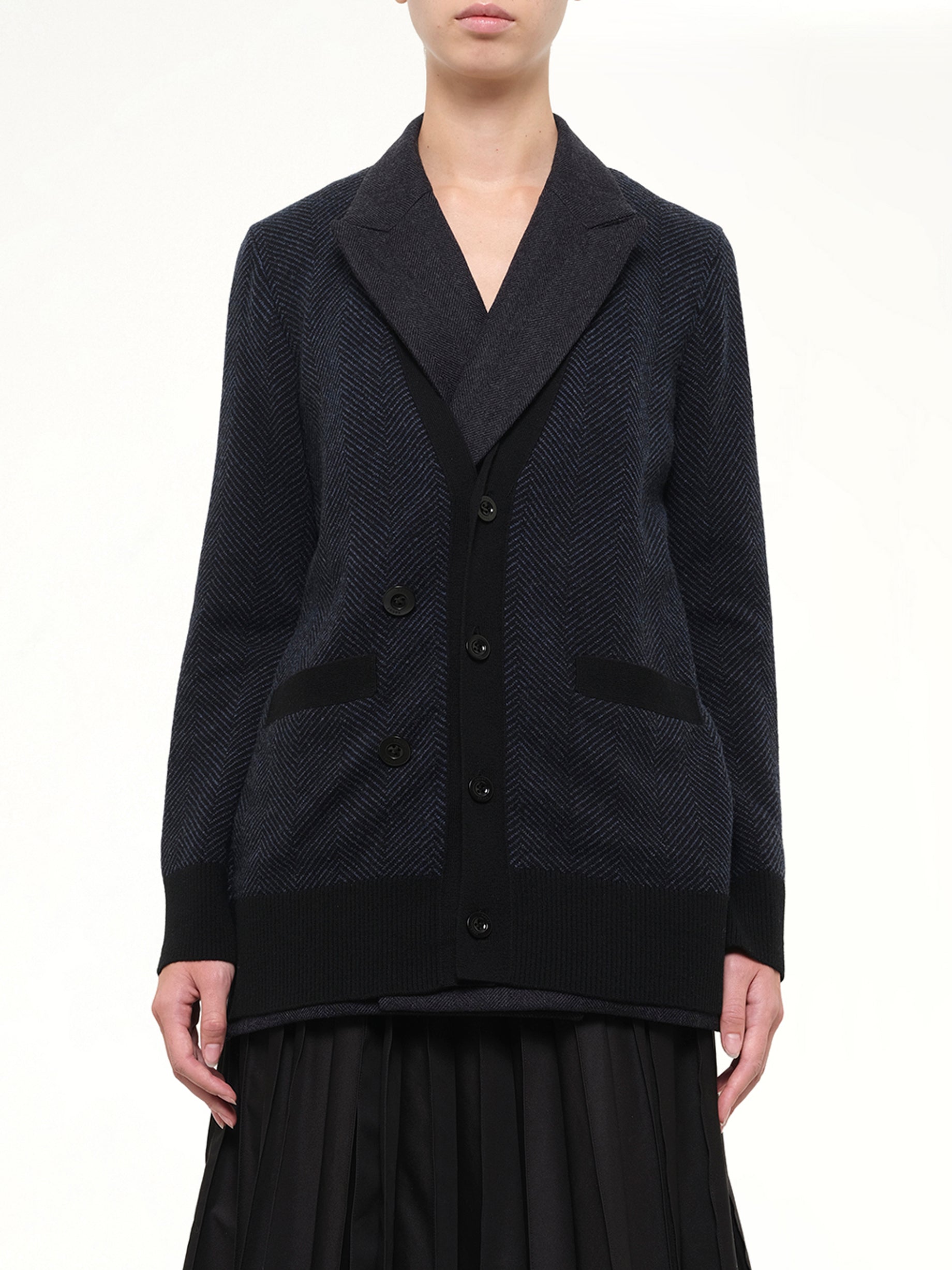 Double-Faced Herringbone x Wool Knit Cardigan in Navy