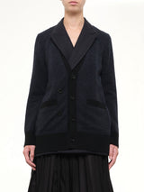 Double-Faced Herringbone x Wool Knit Cardigan in Navy