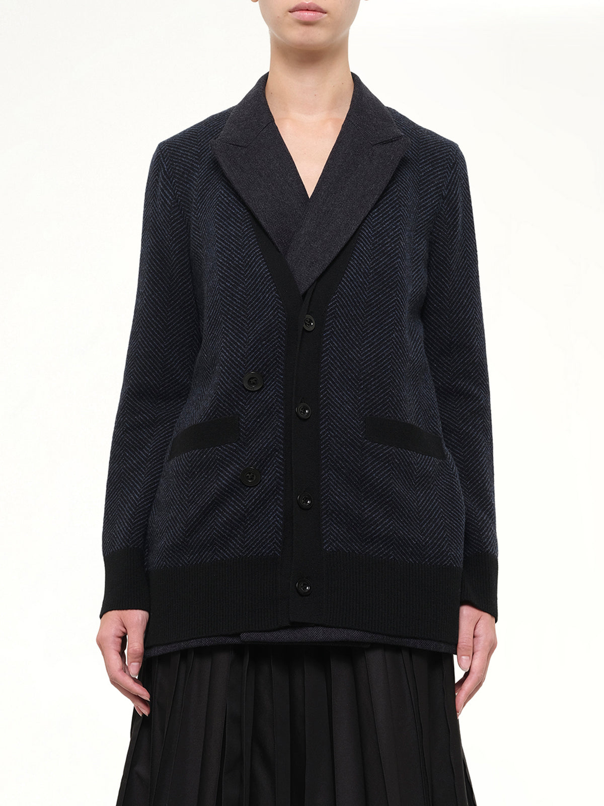 Double-Faced Herringbone x Wool Knit Cardigan in Navy