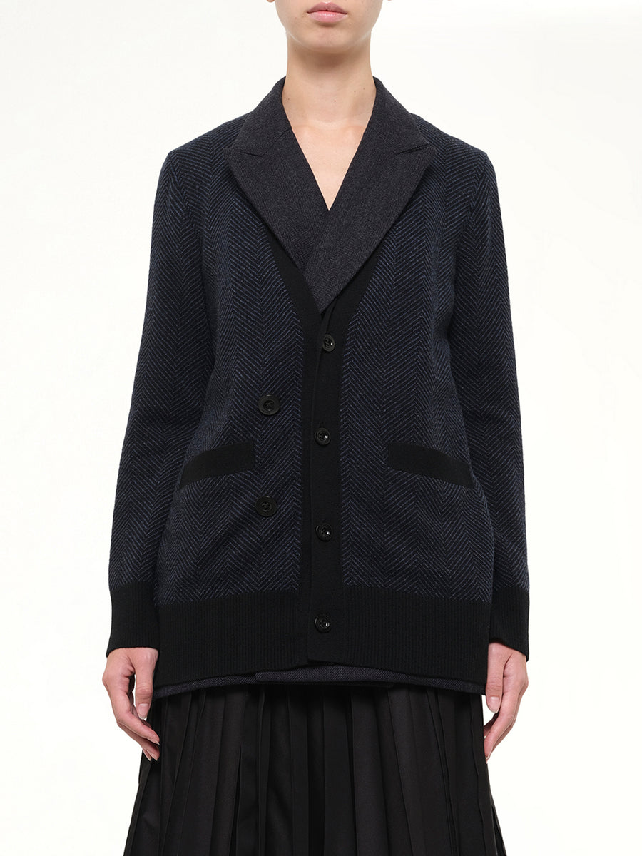 Double-Faced Herringbone x Wool Knit Cardigan in Navy