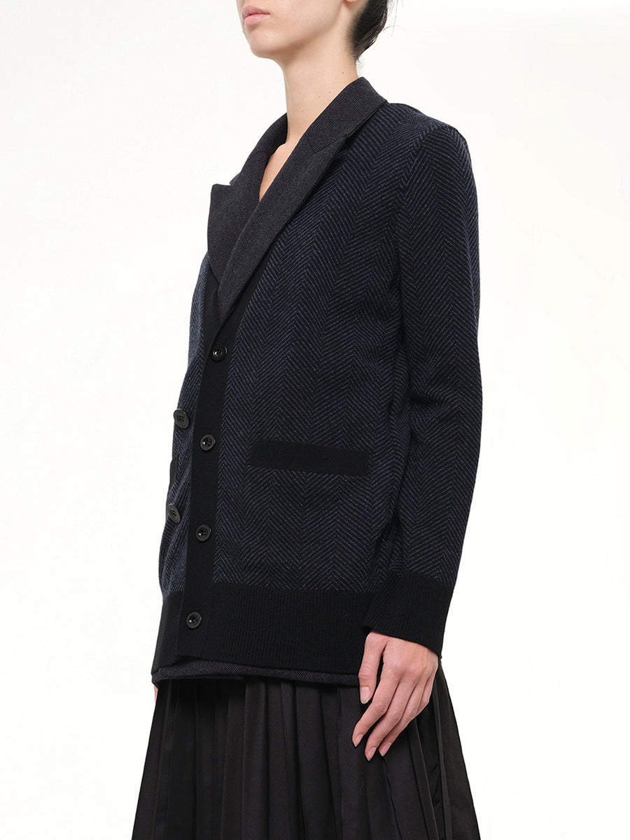 Double-Faced Herringbone x Wool Knit Cardigan in Navy