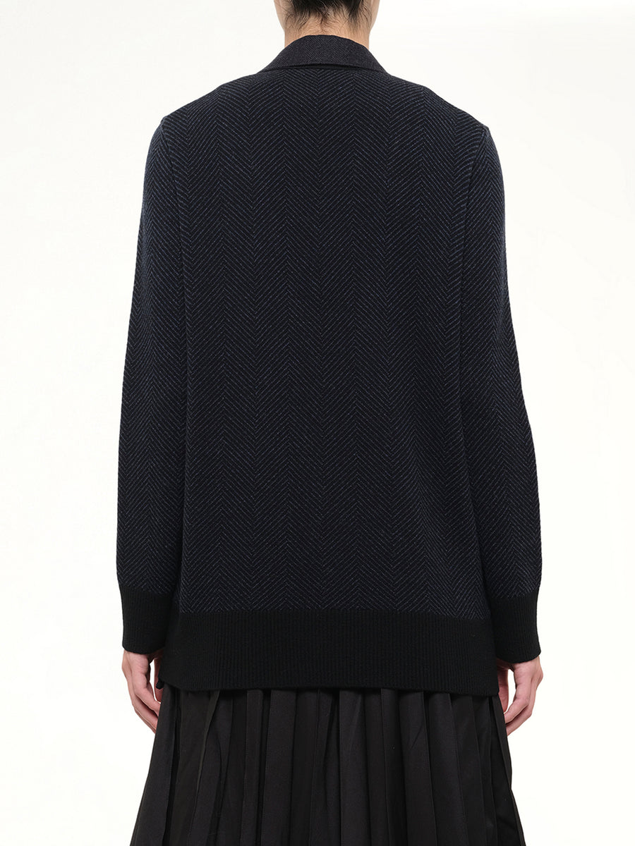 Double-Faced Herringbone x Wool Knit Cardigan in Navy