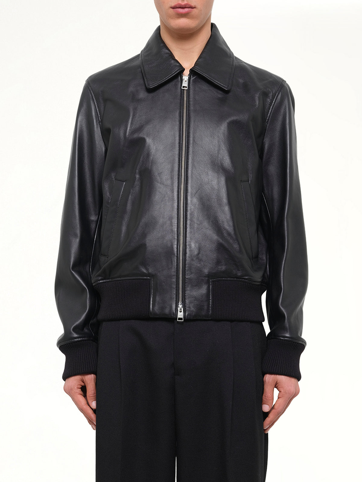 Lamb Leather Zipped Jacket in Black