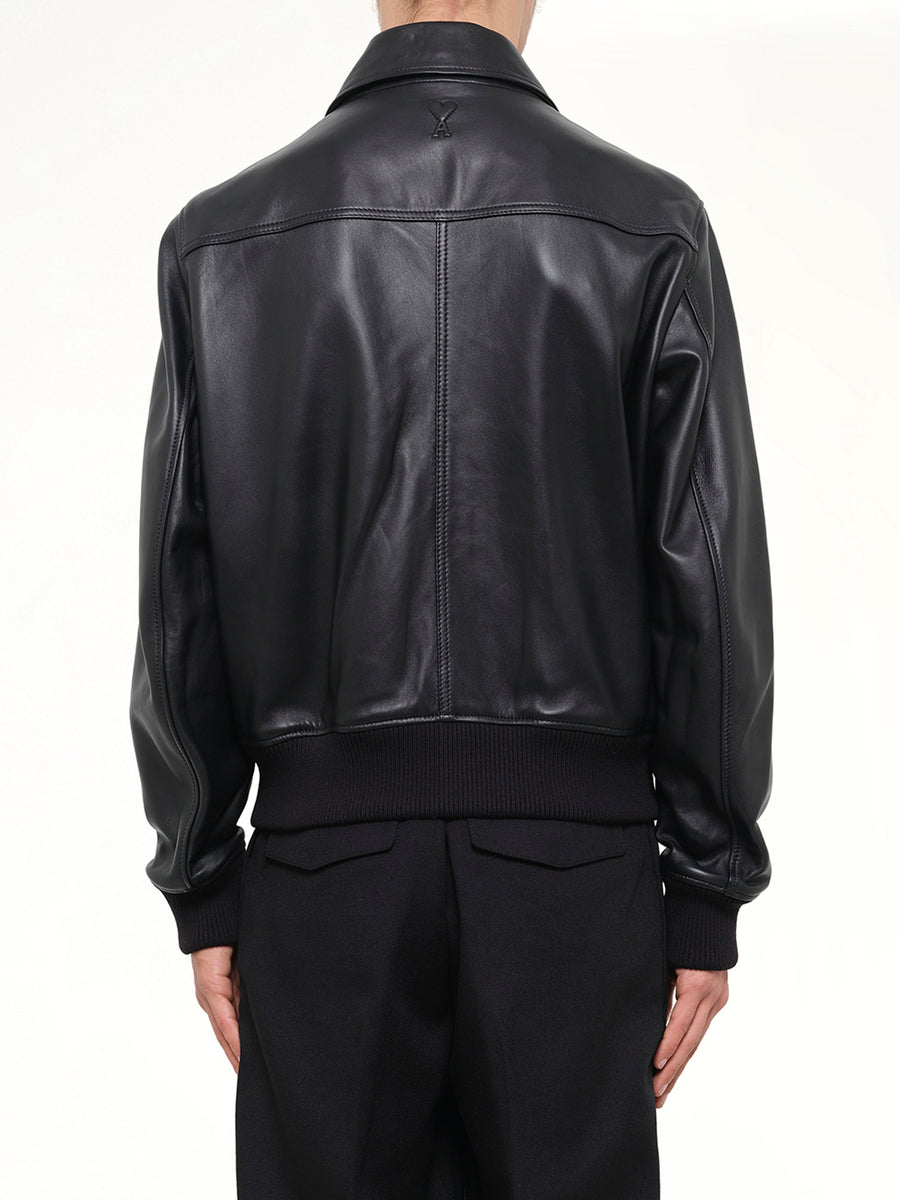 Lamb Leather Zipped Jacket in Black
