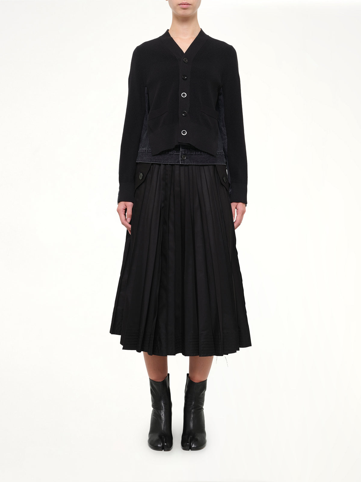 Long Sleeve Denim x Knit Cardigan in Black