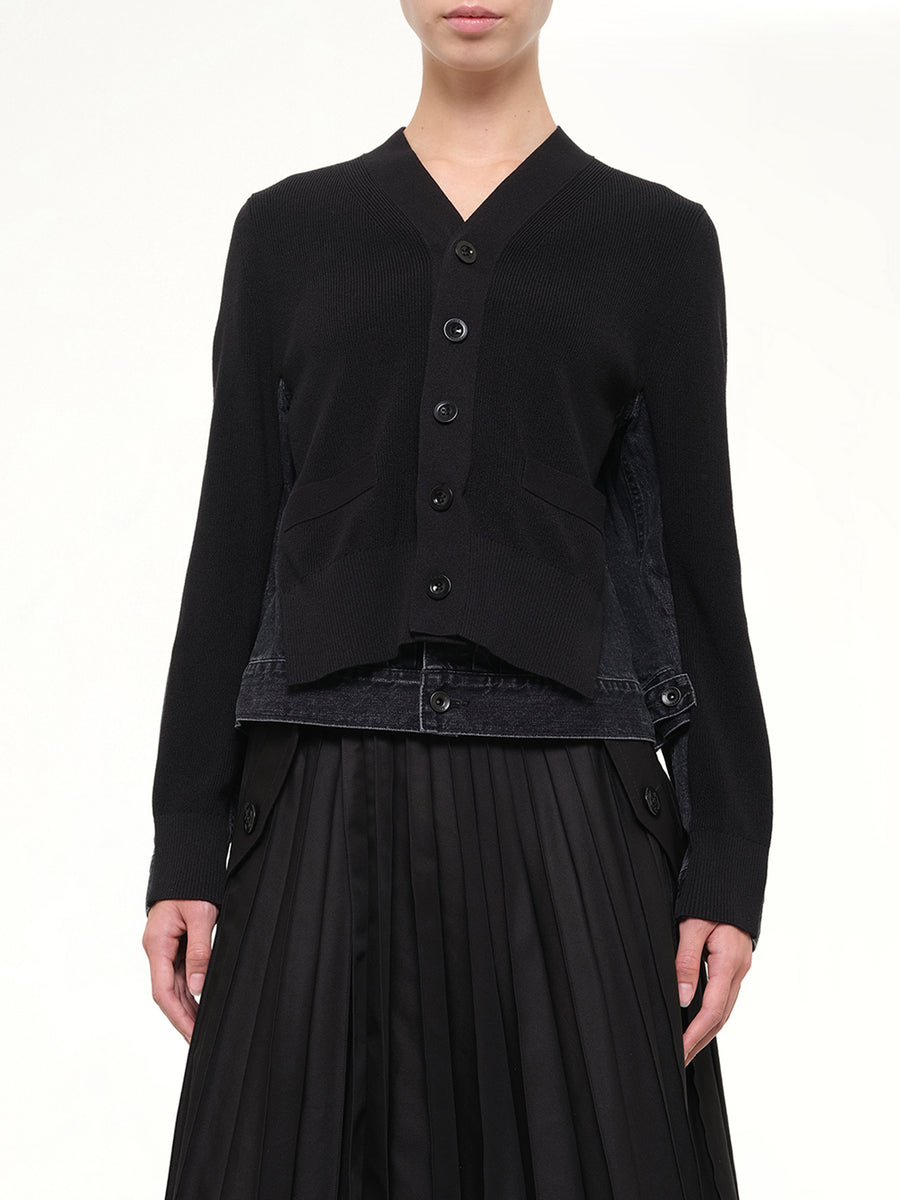 Long Sleeve Denim x Knit Cardigan in Black