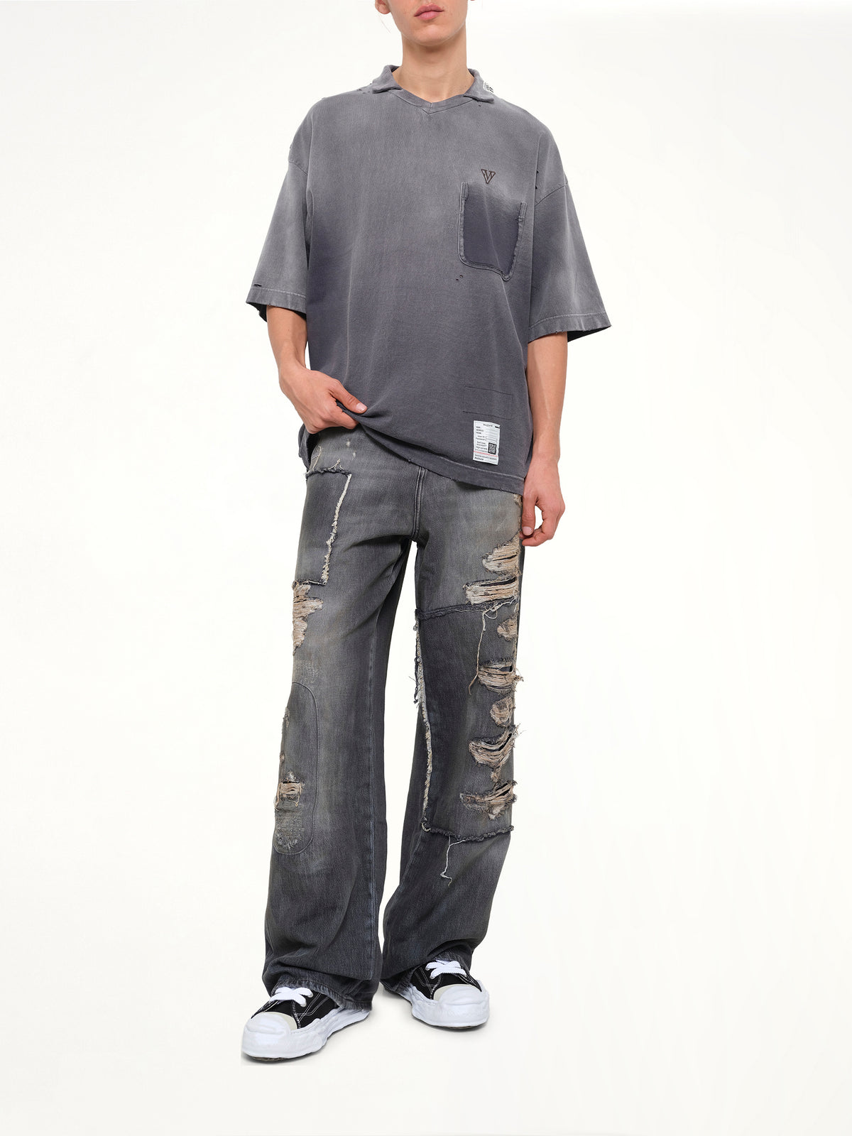 Sun Faded Collared T-Shirt in Black