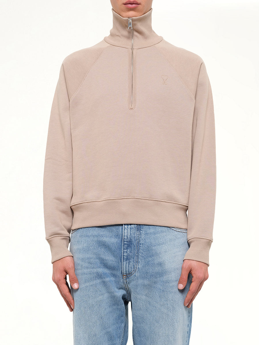 Embossed Ami De Coeur Zipped Sweatshirt in Beige