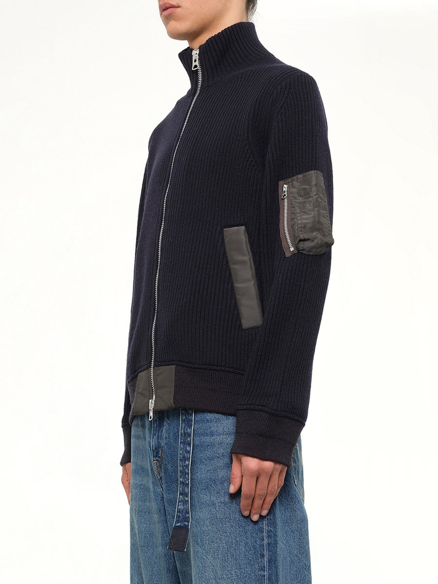 Wool Knit Blouson in Navy/Dark Khaki