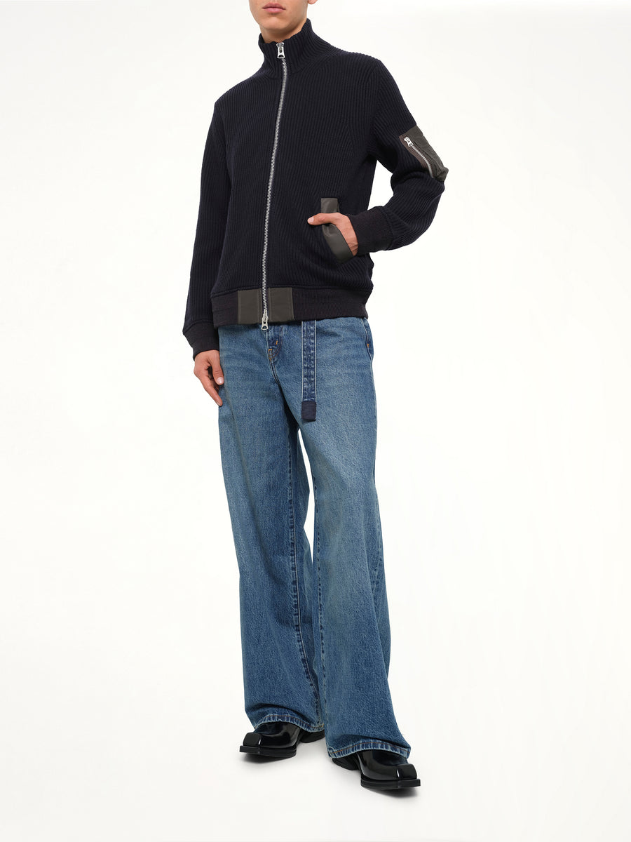 Wool Knit Blouson in Navy/Dark Khaki
