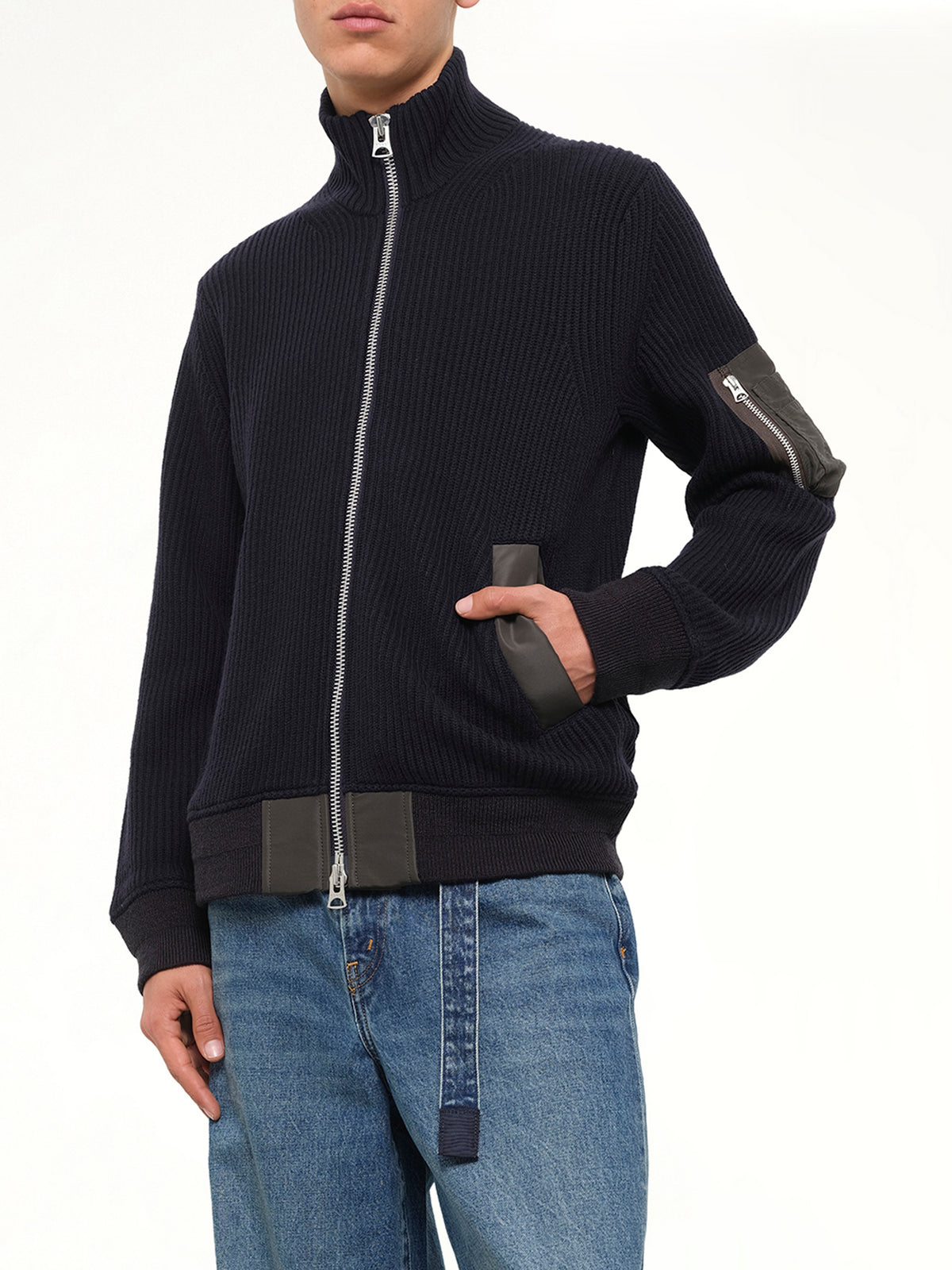 Wool Knit Blouson in Navy/Dark Khaki