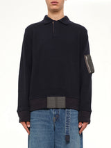 Wool Knit Polo Shirt in Navy/Dark Khaki