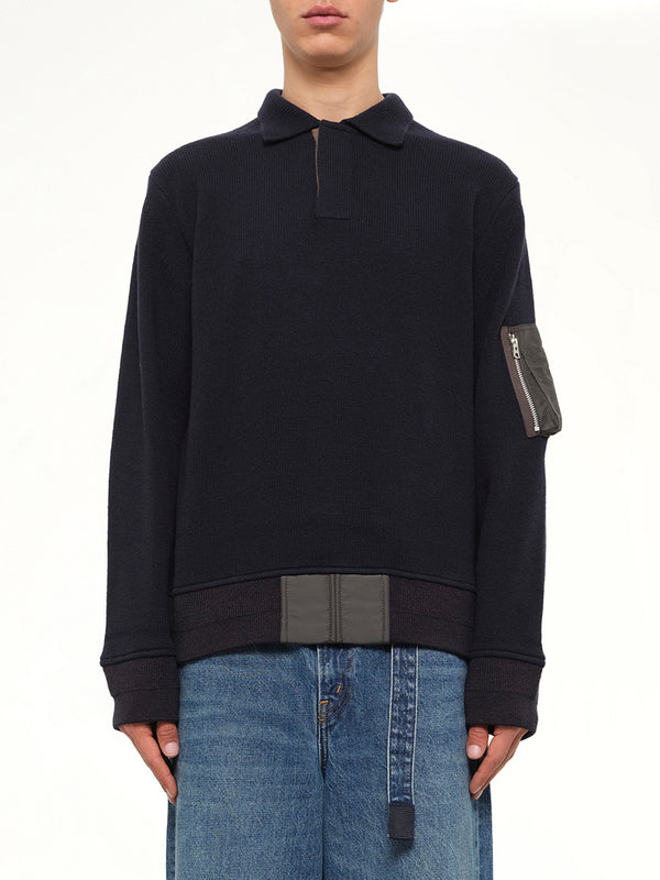 Wool Knit Polo Shirt in Navy/Dark Khaki