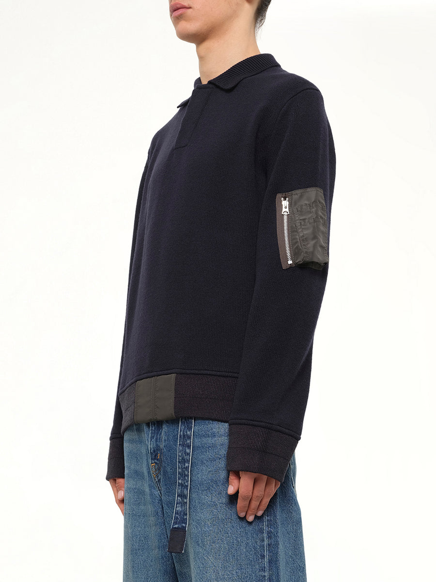 Wool Knit Polo Shirt in Navy/Dark Khaki