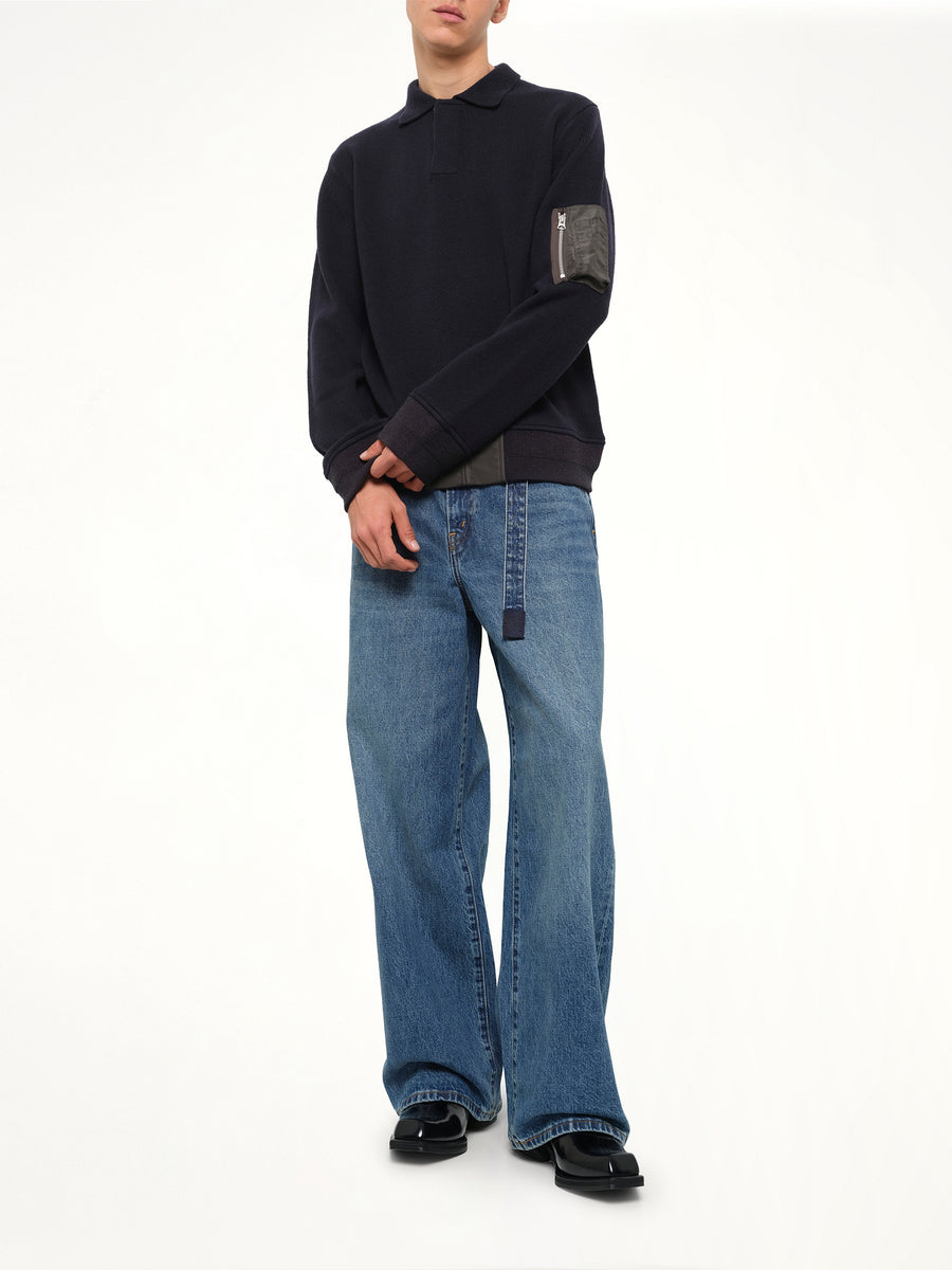 Wool Knit Polo Shirt in Navy/Dark Khaki