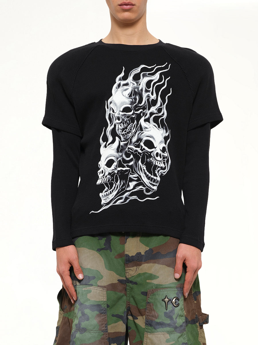 Bulk Shoulder Three Riding Skull Layered T-Shirt in Black
