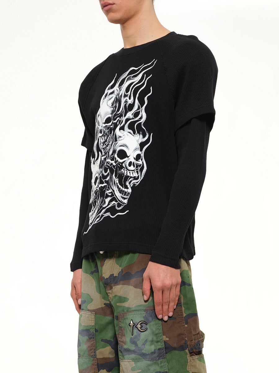 Bulk Shoulder Three Riding Skull Layered T-Shirt in Black