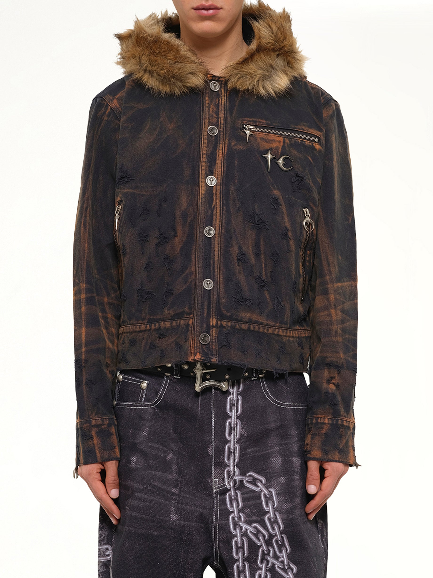 TC Two Tone Washed Fur Hooded Jacket in Rust Black