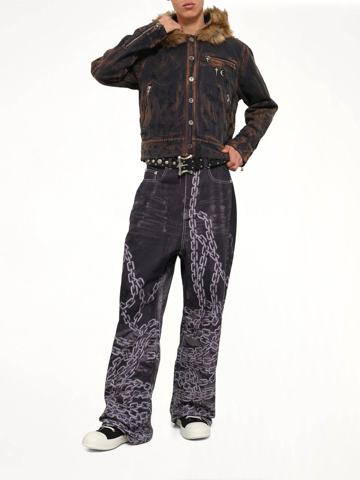 TC Two Tone Washed Fur Hooded Jacket in Rust Black