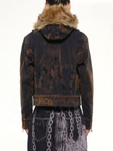 TC Two Tone Washed Fur Hooded Jacket in Rust Black