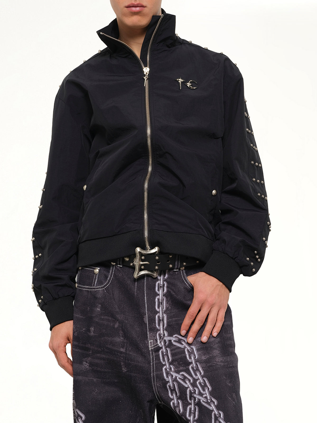 Triple Line Stud Track Jacket in Black